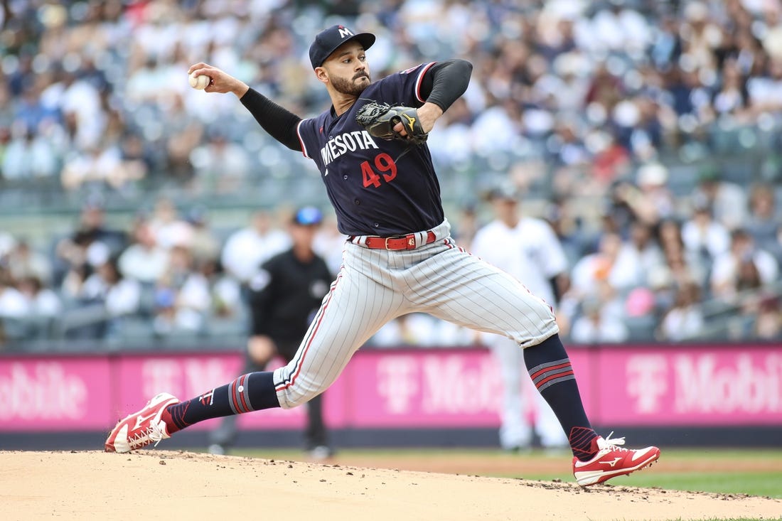 Apr 16, 2023; Bronx, New York, USA;  Minnesota Twins starting pitcher Pablo Lopez (49) pitches in the first inning against the New York Yankees at Yankee Stadium. Mandatory Credit: Wendell Cruz-USA TODAY Sports