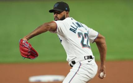 Apr 16, 2023; Miami, Florida, USA;  Miami Marlins starting pitcher Sandy Alcantara (22) pitches against the Arizona Diamondbacks in the first inning at loanDepot Park. Mandatory Credit: Jim Rassol-USA TODAY Sports