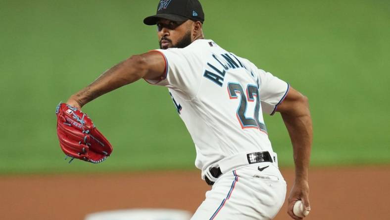 Apr 16, 2023; Miami, Florida, USA;  Miami Marlins starting pitcher Sandy Alcantara (22) pitches against the Arizona Diamondbacks in the first inning at loanDepot Park. Mandatory Credit: Jim Rassol-USA TODAY Sports