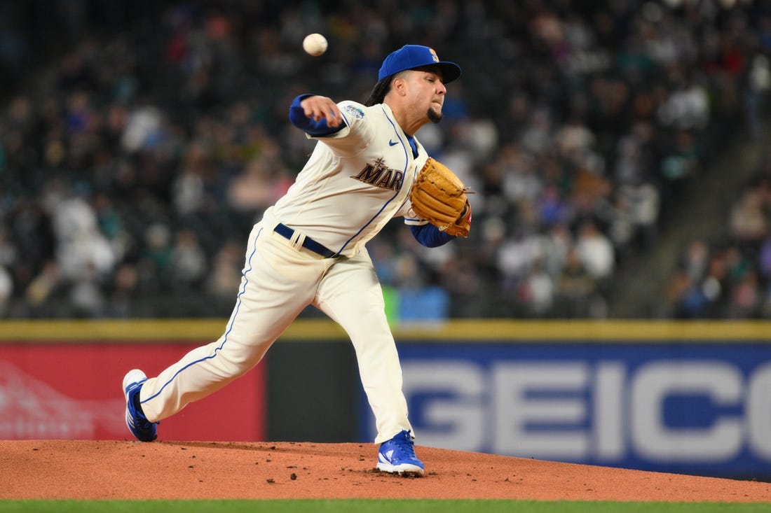 Apr 16, 2023; Seattle, Washington, USA; Seattle Mariners starting pitcher Luis Castillo (58) pitches to the Colorado Rockies during the first inning at T-Mobile Park. Mandatory Credit: Steven Bisig-USA TODAY Sports