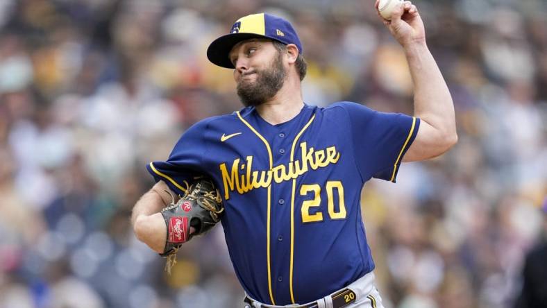 Apr 16, 2023; San Diego, California, USA; Milwaukee Brewers starting pitcher Wade Miley (20) throws a pitch against the Milwaukee Brewers during the first inning at Petco Park. Mandatory Credit: Ray Acevedo-USA TODAY Sports