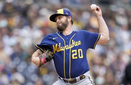 Apr 16, 2023; San Diego, California, USA; Milwaukee Brewers starting pitcher Wade Miley (20) throws a pitch against the Milwaukee Brewers during the first inning at Petco Park. Mandatory Credit: Ray Acevedo-USA TODAY Sports
