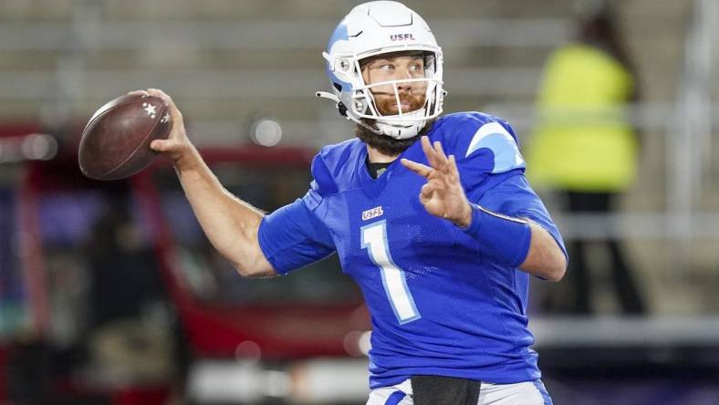 Apr 16, 2023; Birmingham, AL, USA; New Orleans Breakers quarterback McLeod Bethel-Thompson (1) looks to pass against the Pittsburgh Maulers during the second half at Protective Stadium. Mandatory Credit: Marvin Gentry-USA TODAY Sports