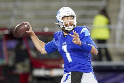 Apr 16, 2023; Birmingham, AL, USA; New Orleans Breakers quarterback McLeod Bethel-Thompson (1) looks to pass against the Pittsburgh Maulers during the second half at Protective Stadium. Mandatory Credit: Marvin Gentry-USA TODAY Sports
