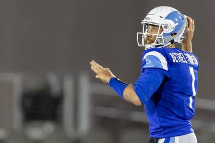 Apr 16, 2023; Birmingham, AL, USA; New Orleans Breakers quarterback McLeod Bethel-Thompson (1) throws the ball against the Pittsburgh Maulers during the second half of a USFL football game at Protective Stadium. Mandatory Credit: Vasha Hunt-USA TODAY Sports