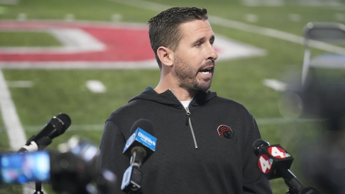 Feb 1, 2023; Brian Hartline talks with the media during an off-season news conference. He and other Ohio State football coaches addressed the media in the Woody Hayes Athletic Center. Mandatory Credit: Doral Chenoweth/The Columbus Dispatch

Ohio State Football 04 Jpg