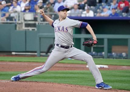 Apr 17, 2023; Kansas City, Missouri, USA; Texas Rangers starting pitcher Jacob deGrom (48) delivers a pitch against the Kansas City Royals during the first inning at Kauffman Stadium. Mandatory Credit: Denny Medley-USA TODAY Sports