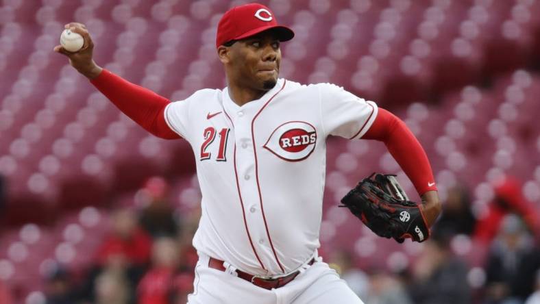 Apr 17, 2023; Cincinnati, Ohio, USA; Cincinnati Reds starting pitcher Hunter Greene throws against the Tampa Bay Rays during the first inning at Great American Ball Park. Mandatory Credit: David Kohl-USA TODAY Sports