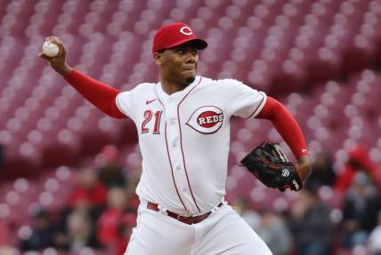Apr 17, 2023; Cincinnati, Ohio, USA; Cincinnati Reds starting pitcher Hunter Greene throws against the Tampa Bay Rays during the first inning at Great American Ball Park. Mandatory Credit: David Kohl-USA TODAY Sports