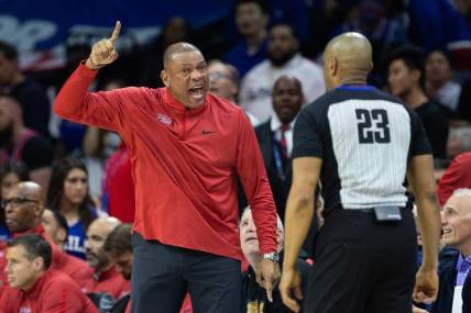 Apr 17, 2023; Philadelphia, Pennsylvania, USA; Philadelphia 76ers head coach Doc Rivers argues with referee Tre Maddox (23) during the fourth quarter in game two of the 2023 NBA playoffs against the Brooklyn Nets at Wells Fargo Center. Mandatory Credit: Bill Streicher-USA TODAY Sports