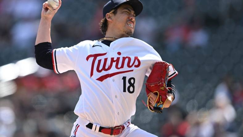 Apr 10, 2023; Minneapolis, Minnesota, USA; Minnesota Twins starting pitcher Kenta Maeda (18) throws a pitch against the Chicago White Sox during the first inning at Target Field. Mandatory Credit: Jeffrey Becker-USA TODAY Sports