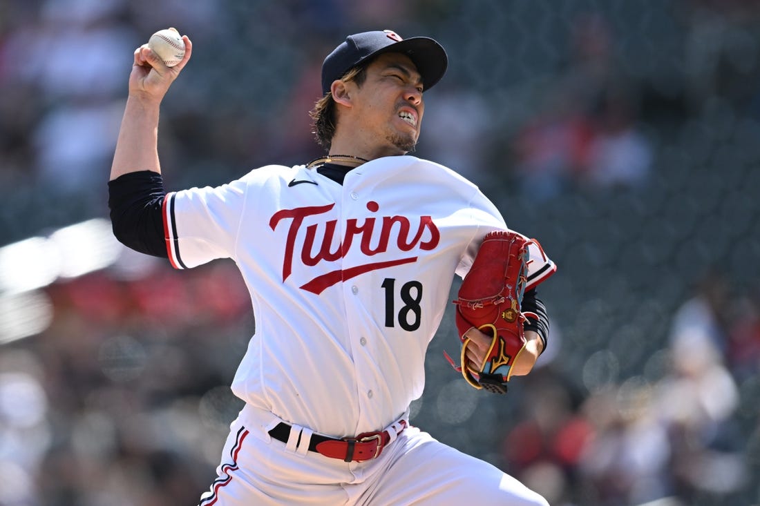 Apr 10, 2023; Minneapolis, Minnesota, USA; Minnesota Twins starting pitcher Kenta Maeda (18) throws a pitch against the Chicago White Sox during the first inning at Target Field. Mandatory Credit: Jeffrey Becker-USA TODAY Sports