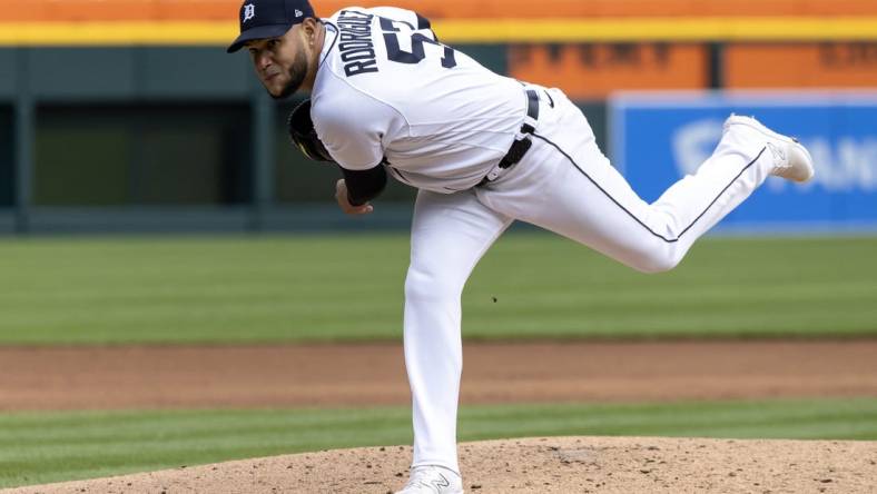 Apr 18, 2023; Detroit, Michigan, USA; Detroit Tigers starting pitcher Eduardo Rodriguez (57) pitches against the Cleveland Guardians at Comerica Park. Mandatory Credit: David Reginek-USA TODAY Sports