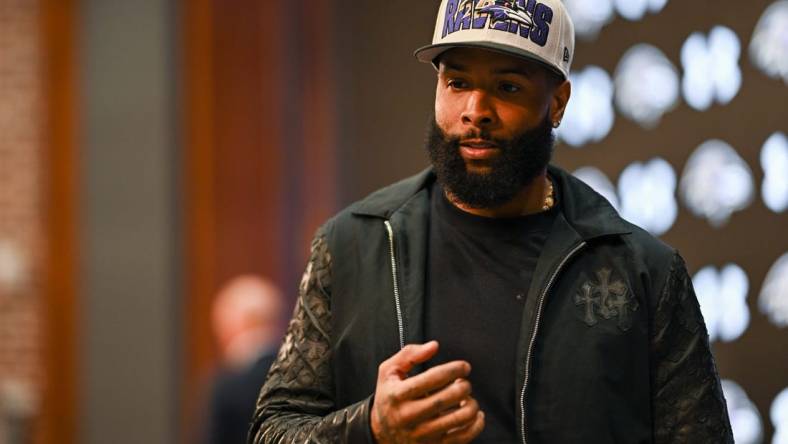 Apr 13, 2023; Owings Mills, MD, USA; Baltimore Ravens wide receiver Odell Beckham Jr. walks into his introduction press conference at Under Armour Performance Center. Mandatory Credit: Reggie Hildred-USA TODAY Sports