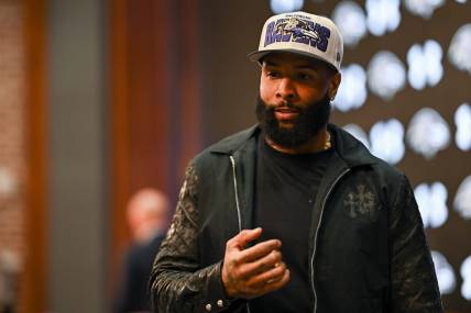 Apr 13, 2023; Owings Mills, MD, USA; Baltimore Ravens wide receiver Odell Beckham Jr. walks into his introduction press conference at Under Armour Performance Center. Mandatory Credit: Reggie Hildred-USA TODAY Sports