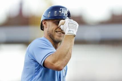 Apr 18, 2023; Cincinnati, Ohio, USA; Tampa Bay Rays second baseman Taylor Walls (6) reacts after hitting a solo home run in the second inning against the Cincinnati Reds at Great American Ball Park. Mandatory Credit: Katie Stratman-USA TODAY Sports