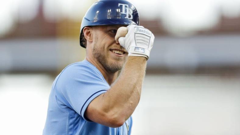 Apr 18, 2023; Cincinnati, Ohio, USA; Tampa Bay Rays second baseman Taylor Walls (6) reacts after hitting a solo home run in the second inning against the Cincinnati Reds at Great American Ball Park. Mandatory Credit: Katie Stratman-USA TODAY Sports