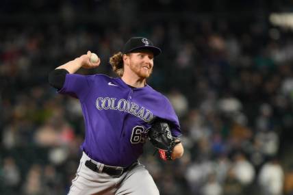 Apr 16, 2023; Seattle, Washington, USA; Colorado Rockies starting pitcher Noah Davis (63) pitches to the Seattle Mariners at T-Mobile Park. Mandatory Credit: Steven Bisig-USA TODAY Sports