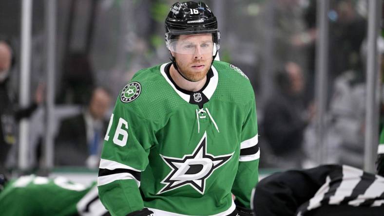 Apr 17, 2023; Dallas, Texas, USA; Dallas Stars center Joe Pavelski (16) during the game between the Dallas Stars and the Minnesota Wild in game one of the first round of the 2023 Stanley Cup Playoffs at the American Airlines Center. Mandatory Credit: Jerome Miron-USA TODAY Sports