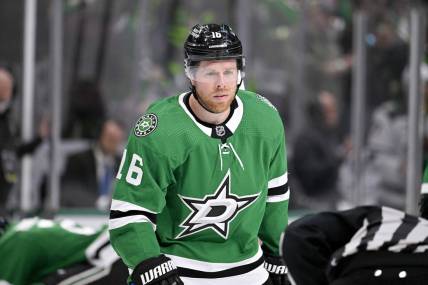 Apr 17, 2023; Dallas, Texas, USA; Dallas Stars center Joe Pavelski (16) during the game between the Dallas Stars and the Minnesota Wild in game one of the first round of the 2023 Stanley Cup Playoffs at the American Airlines Center. Mandatory Credit: Jerome Miron-USA TODAY Sports