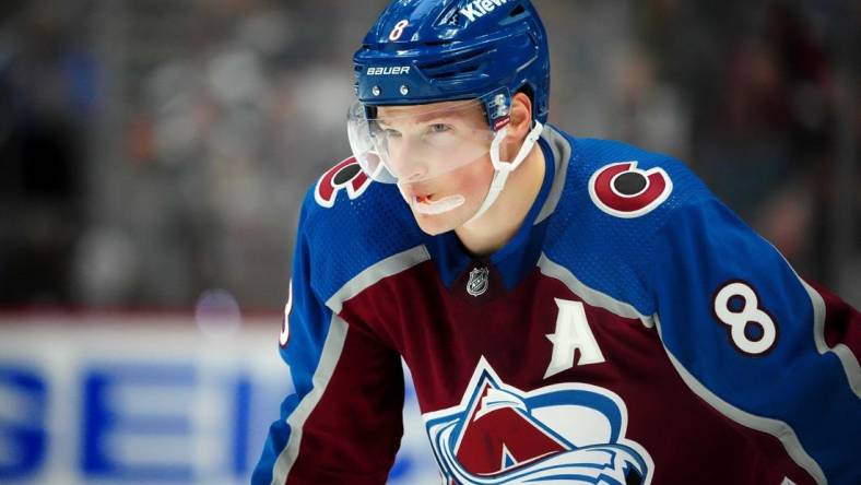 Apr 18, 2023; Denver, Colorado, USA; Colorado Avalanche defenseman Cale Makar (8) during the second period against the Seattle Kraken in game one of the first round of the 2023 Stanley Cup Playoffs at Ball Arena. Mandatory Credit: Ron Chenoy-USA TODAY Sports