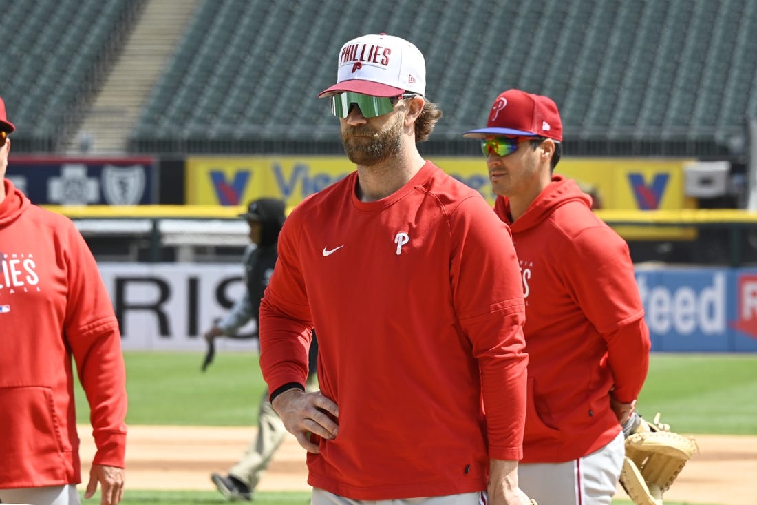 Apr 19, 2023; Chicago, Illinois, USA;   Philadelphia Phillies  Bryce Harper looks on prior to the game against the Chicago White Sox at Guaranteed Rate Field. Mandatory Credit: Matt Marton-USA TODAY Sports