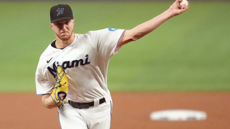 Apr 19, 2023; Miami, Florida, USA;  Miami Marlins starting pitcher Trevor Rogers (28) pitches against the San Francisco Giants in the second inning at loanDepot Park. Mandatory Credit: Jim Rassol-USA TODAY Sports