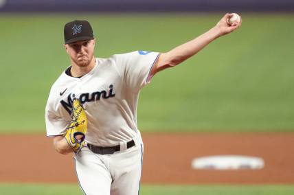 Apr 19, 2023; Miami, Florida, USA;  Miami Marlins starting pitcher Trevor Rogers (28) pitches against the San Francisco Giants in the second inning at loanDepot Park. Mandatory Credit: Jim Rassol-USA TODAY Sports