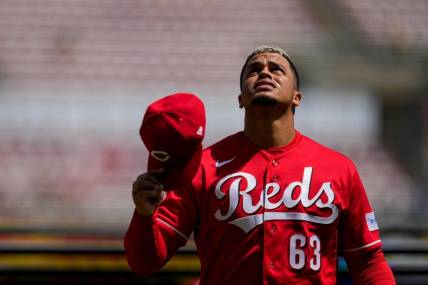 Cincinnati Reds releif pitcher Fernando Cruz (63) looks to the sky after pitching a scoreless top of the sixth inning of the MLB Interleague game between the Cincinnati Reds and the Tampa Bay Rays at Great American Ball Park in downtown Cincinnati on Wednesday, April 19, 2023.

Tampa Bay Rays At Cincinnati Reds