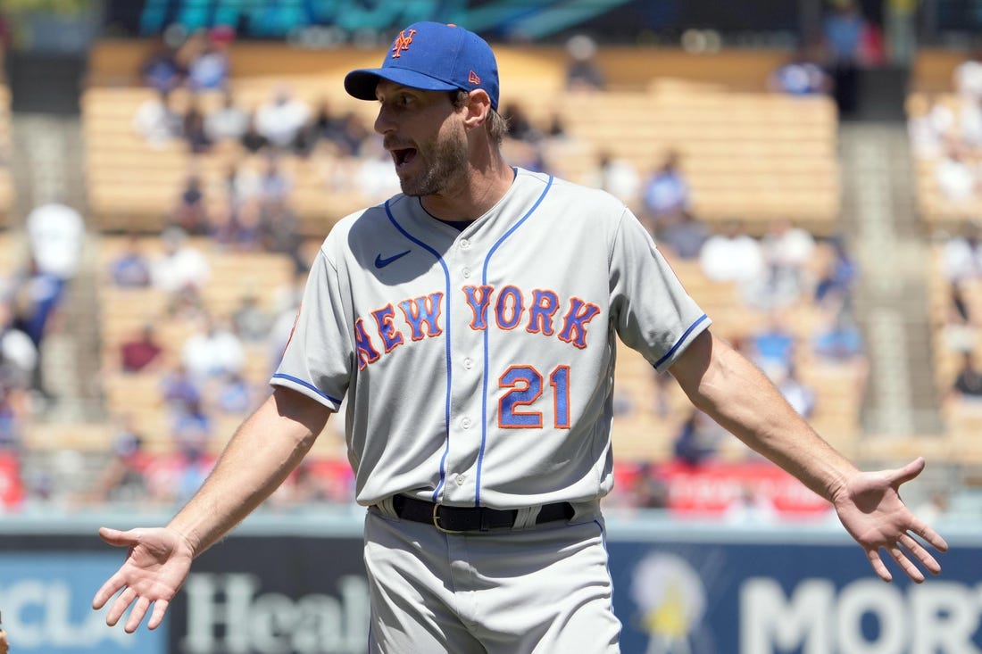 Apr 19, 2023; Los Angeles, California, USA; New York Mets starting pitcher Max Scherzer (21) reacts after being ejected during the game against the Los Angeles Dodgers at Dodger Stadium. Mandatory Credit: Kirby Lee-USA TODAY Sports