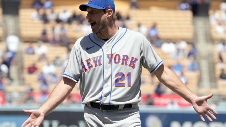 Apr 19, 2023; Los Angeles, California, USA; New York Mets starting pitcher Max Scherzer (21) reacts after being ejected during the game against the Los Angeles Dodgers at Dodger Stadium. Mandatory Credit: Kirby Lee-USA TODAY Sports