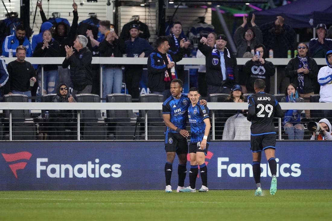 Apr 15, 2023; San Jose, California, USA; San Jose Earthquakes forward Cristian Espinoza (right) celebrates with forward Jeremy Ebobisse (left) after scoring a goal against Sporting Kansas City during the first half at PayPal Park. Mandatory Credit: Darren Yamashita-USA TODAY Sports