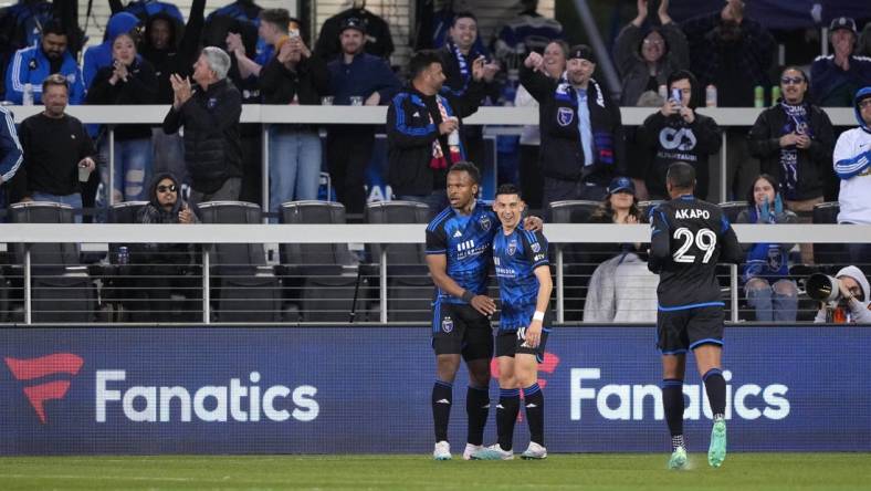 Apr 15, 2023; San Jose, California, USA; San Jose Earthquakes forward Cristian Espinoza (right) celebrates with forward Jeremy Ebobisse (left) after scoring a goal against Sporting Kansas City during the first half at PayPal Park. Mandatory Credit: Darren Yamashita-USA TODAY Sports