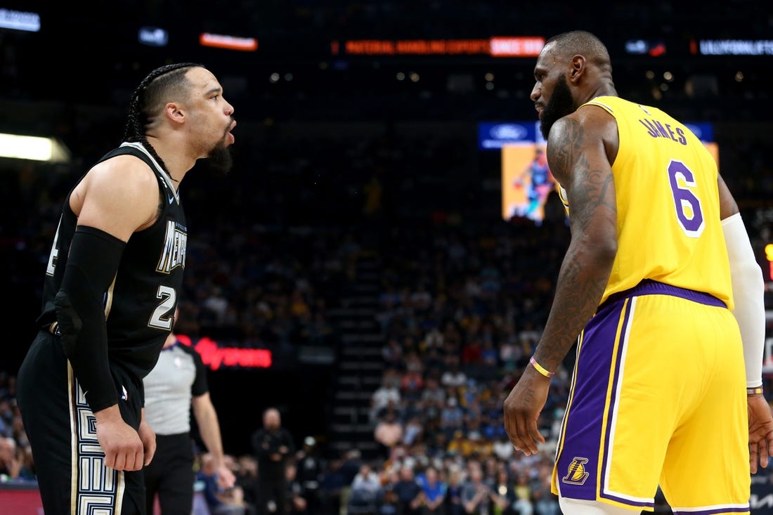 Apr 19, 2023; Memphis, Tennessee, USA; Memphis Grizzlies forward Dillon Brooks (24) and Los Angeles Lakers forward LeBron James (6) react during the second half during game two of the 2023 NBA playoffs at FedExForum. Mandatory Credit: Petre Thomas-USA TODAY Sports