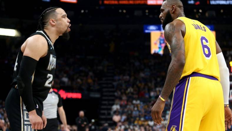 Apr 19, 2023; Memphis, Tennessee, USA; Memphis Grizzlies forward Dillon Brooks (24) and Los Angeles Lakers forward LeBron James (6) react during the second half during game two of the 2023 NBA playoffs at FedExForum. Mandatory Credit: Petre Thomas-USA TODAY Sports