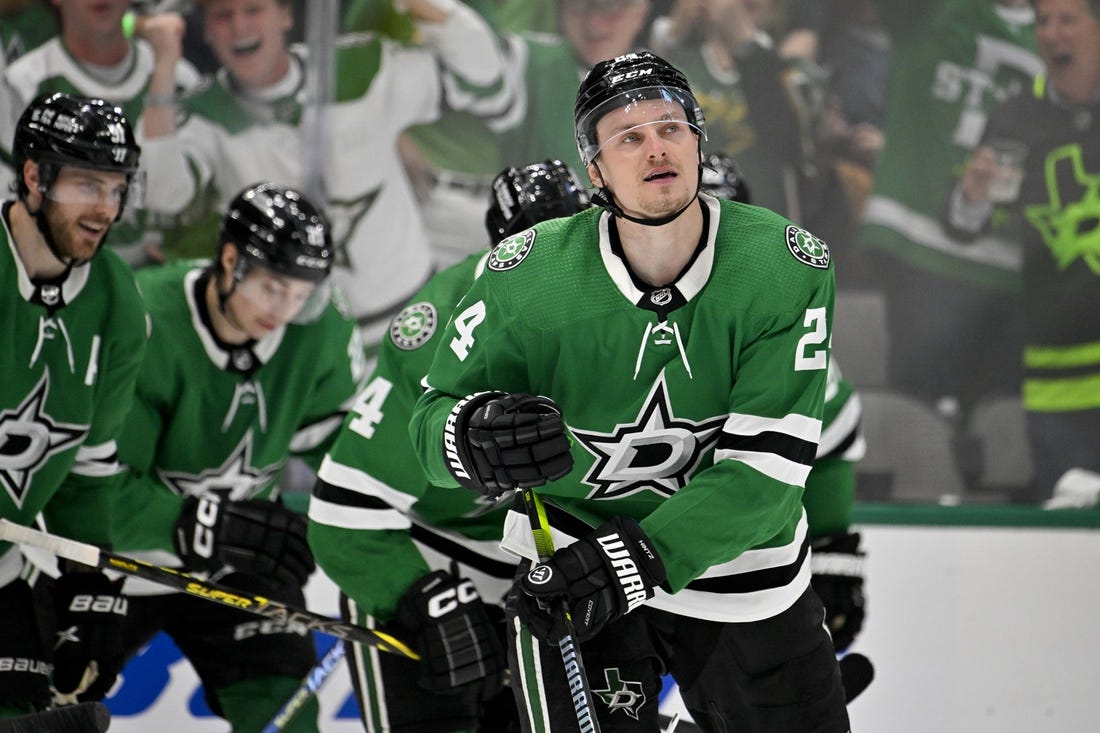 Apr 19, 2023; Dallas, Texas, USA; Dallas Stars center Roope Hintz (24) skates off the ice after he scores his second goal against Minnesota Wild goaltender Marc-Andre Fleury (not pictured) during the second period in game two of the first round of the 2023 Stanley Cup Playoffs at American Airlines Center. Mandatory Credit: Jerome Miron-USA TODAY Sports