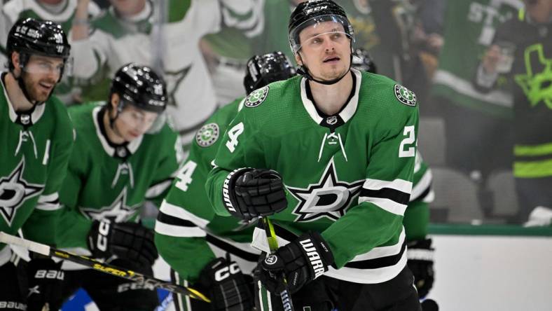 Apr 19, 2023; Dallas, Texas, USA; Dallas Stars center Roope Hintz (24) skates off the ice after he scores his second goal against Minnesota Wild goaltender Marc-Andre Fleury (not pictured) during the second period in game two of the first round of the 2023 Stanley Cup Playoffs at American Airlines Center. Mandatory Credit: Jerome Miron-USA TODAY Sports