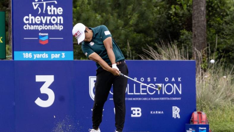 Apr 20, 2023; The Woodlands, Texas, USA; Peiyun Chien (TAI) drives off the third tee during the first round of The Chevron Championship golf tournament. Mandatory Credit: Thomas Shea-USA TODAY Sports