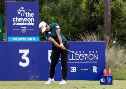 Apr 20, 2023; The Woodlands, Texas, USA; Peiyun Chien (TAI) drives off the third tee during the first round of The Chevron Championship golf tournament. Mandatory Credit: Thomas Shea-USA TODAY Sports