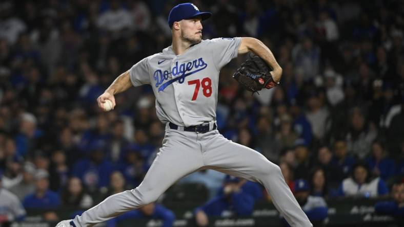 Apr 20, 2023; Chicago, Illinois, USA;   Los Angeles Dodgers starting pitcher Michael Grove (78) delivers against the Chicago Cubs during the first inning at Wrigley Field. Mandatory Credit: Matt Marton-USA TODAY Sports