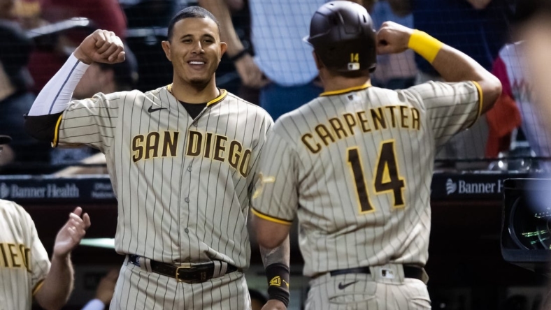 Matt Carpenter of the San Diego Padres celebrates the win over the