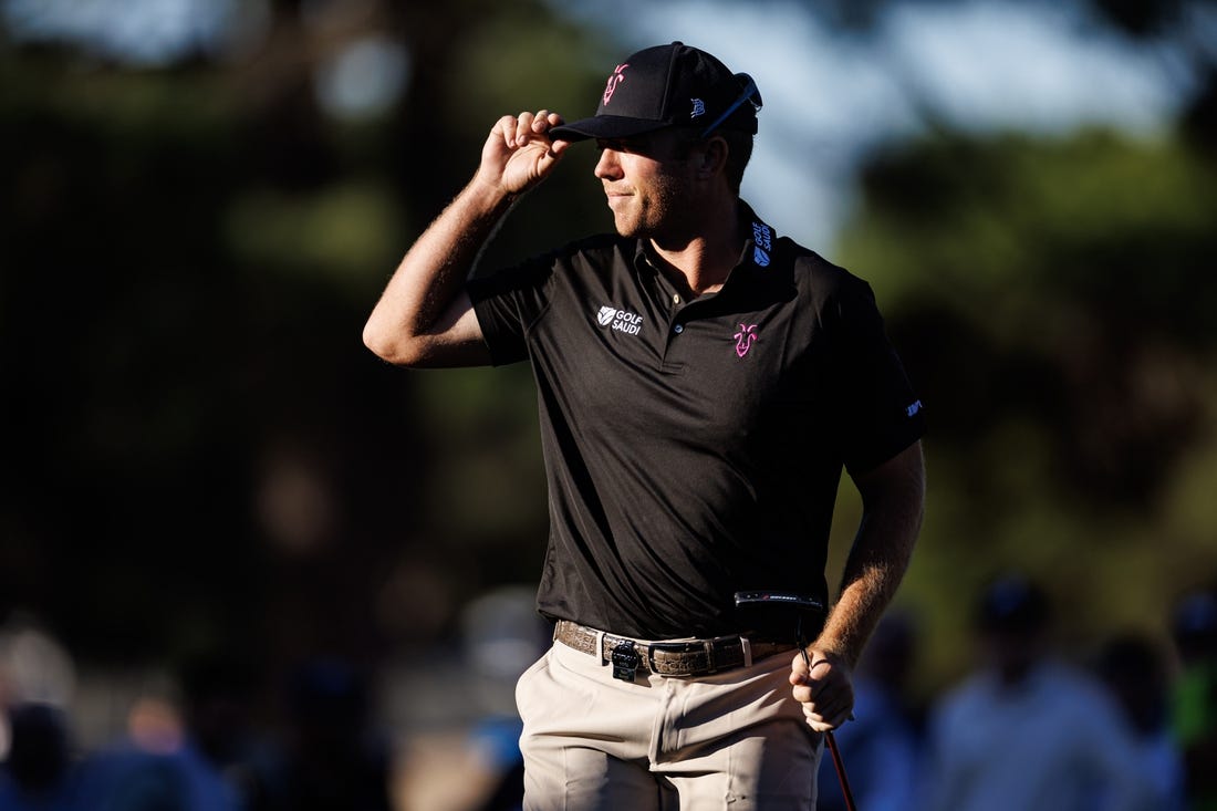 Apr 21, 2023; Adelaide, South Australia AUS; Talor Gooch of  team Rangegoats celebrates after finishing his round on the eleventh hole during the first round of LIV Golf Adelaide golf tournament at Grange Golf Club. Mandatory Credit: Mike Frey-USA TODAY Sports