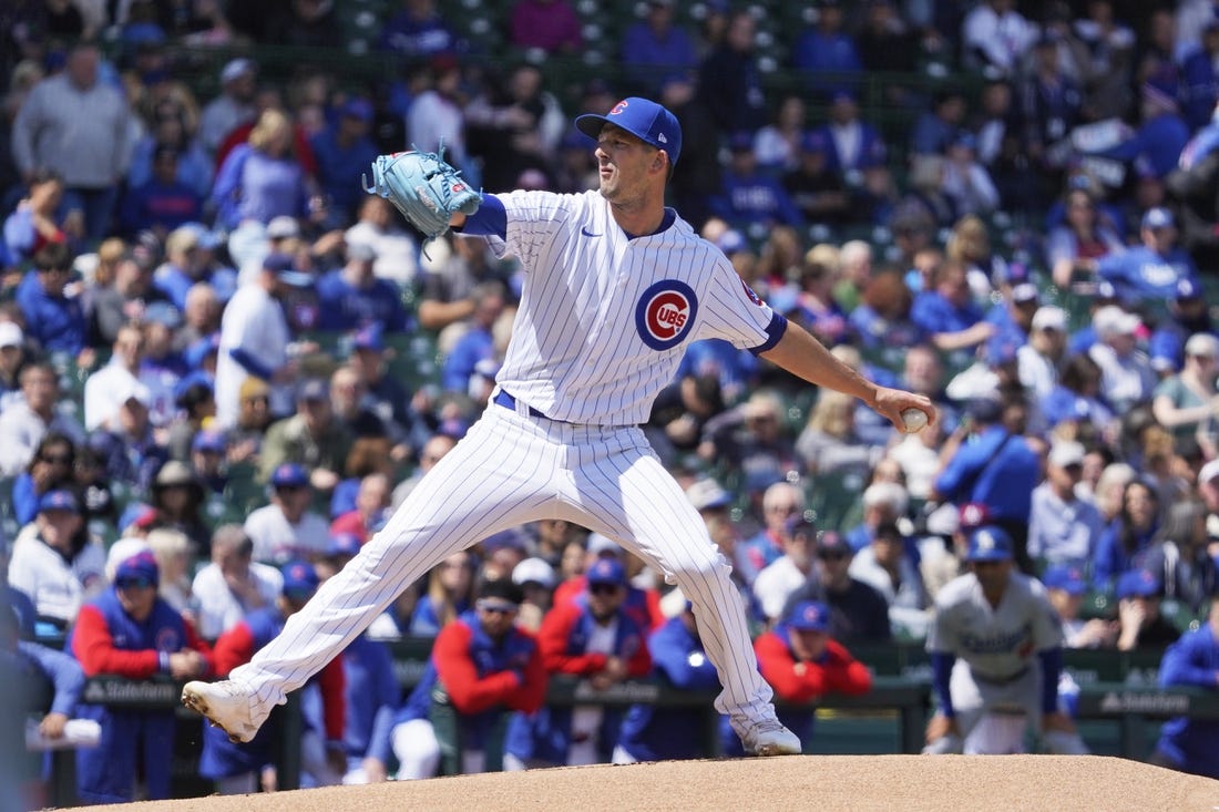 Apr 21, 2023; Chicago, Illinois, USA; Chicago Cubs starting pitcher Drew Smyly (11) throws the ball against the Los Angeles Dodgers during the first inning at Wrigley Field. Mandatory Credit: David Banks-USA TODAY Sports