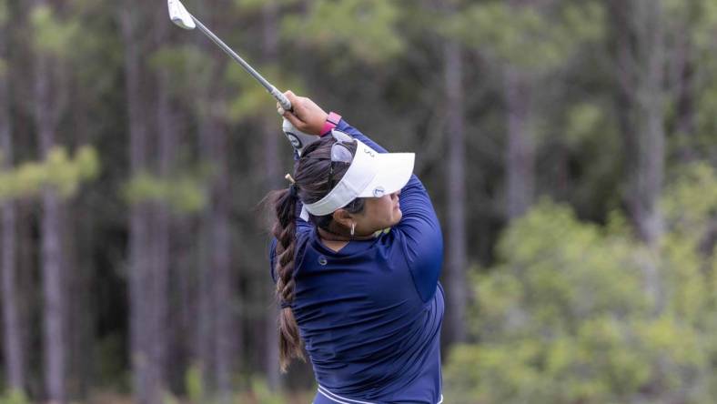 Apr 21, 2023; The Woodlands, Texas, USA;   Lilia Vu (USA) drives off the 17th tee during the second round of The Chevron Championship golf tournament. Mandatory Credit: Thomas Shea-USA TODAY Sports