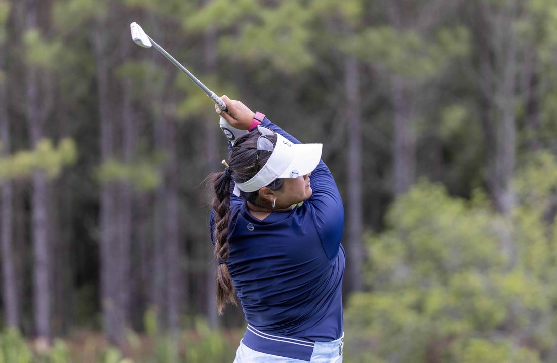Apr 21, 2023; The Woodlands, Texas, USA;   Lilia Vu (USA) drives off the 17th tee during the second round of The Chevron Championship golf tournament. Mandatory Credit: Thomas Shea-USA TODAY Sports
