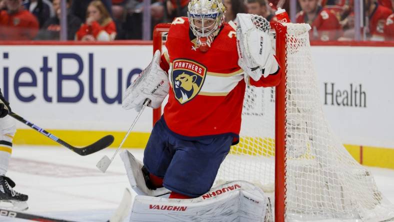 Apr 21, 2023; Sunrise, Florida, USA; Florida Panthers goaltender Alex Lyon (34) defends his net during the second period against the Boston Bruins in game three of the first round of the 2023 Stanley Cup Playoffs at FLA Live Arena. Mandatory Credit: Sam Navarro-USA TODAY Sports