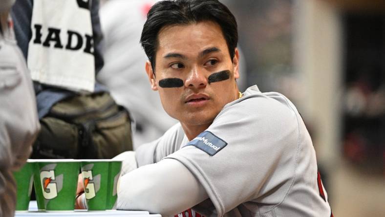 Apr 21, 2023; Milwaukee, Wisconsin, USA; Boston Red Sox shortstop Yu Chang (20) in the dug out against the Milwaukee Brewers at American Family Field. Mandatory Credit: Michael McLoone-USA TODAY Sports