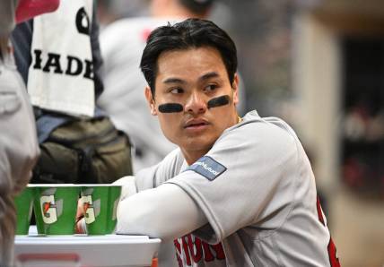 Apr 21, 2023; Milwaukee, Wisconsin, USA; Boston Red Sox shortstop Yu Chang (20) in the dug out against the Milwaukee Brewers at American Family Field. Mandatory Credit: Michael McLoone-USA TODAY Sports