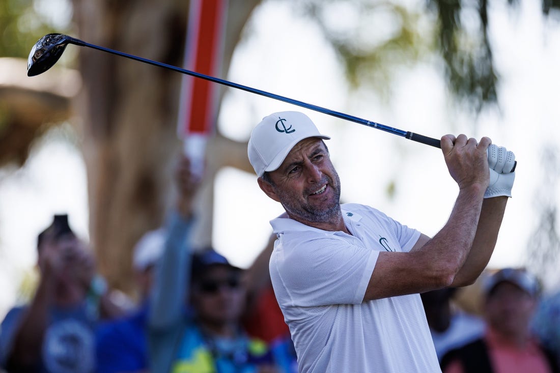 Apr 22, 2023; Adelaide,South Australia, AUS; Richard Bland of Team Creeks hits a tee shot during the second round of LIV Golf Adelaide golf tournament at Grange Golf Club. Mandatory Credit: Mike Frey-USA TODAY Sports