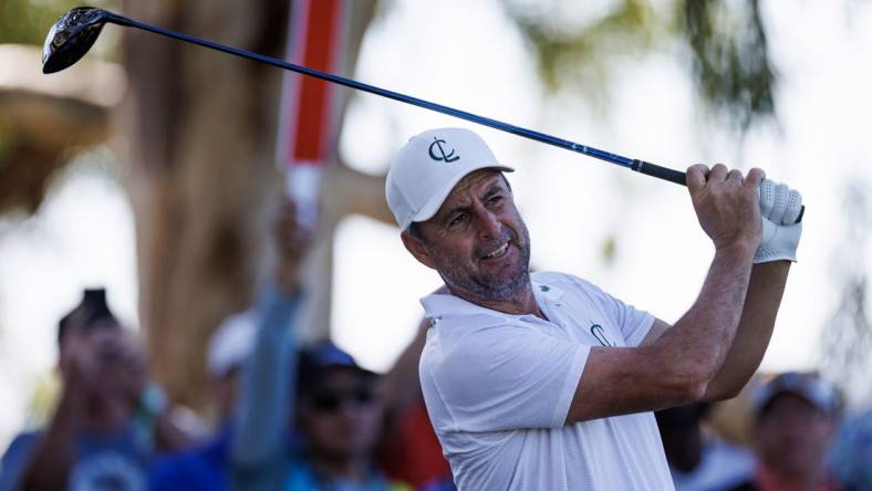 Apr 22, 2023; Adelaide,South Australia, AUS; Richard Bland of Team Creeks hits a tee shot during the second round of LIV Golf Adelaide golf tournament at Grange Golf Club. Mandatory Credit: Mike Frey-USA TODAY Sports